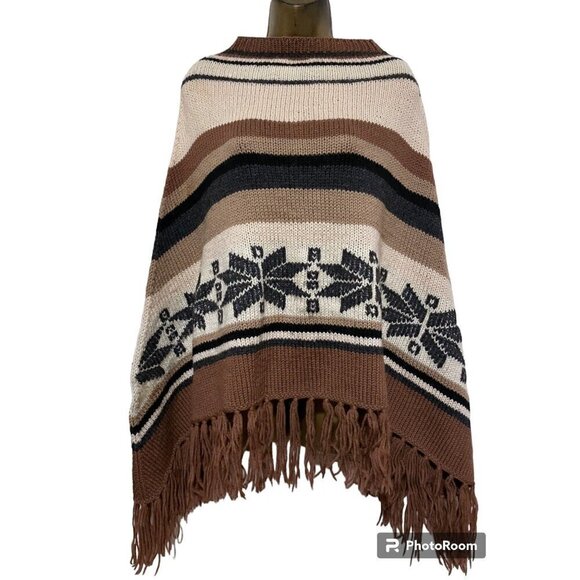 Vintage Handmade Poncho XL Southwestern Western Fringed Striped Cape Snow Stars - Picture 1 of 5